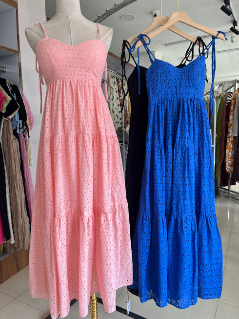 Summer Embroidered Patchwork Spaghetti Straps Flounce Long Dresses